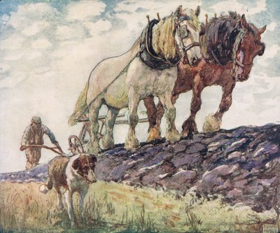 Pløying av åkeren, illustrasjon fra 'Helpers Without Hands' av Gladys Davidson, utgitt i 1919 (farge litho) av John Edwin Noble