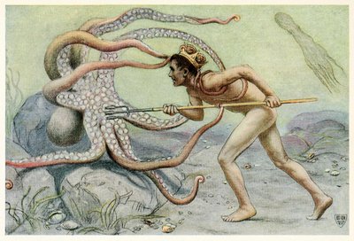Han var veldig modig og sterk, … og kjempet mot den store blekkspruten fra The Great Sea Horse, 1909. av John Elliot
