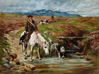 Hest og spaniel drikker fra en bekk av John Emms