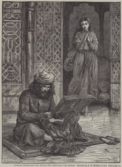 Zobeide oppdager den unge mannen som resiterer Koranen (gravering) av John Everett (after) Millais