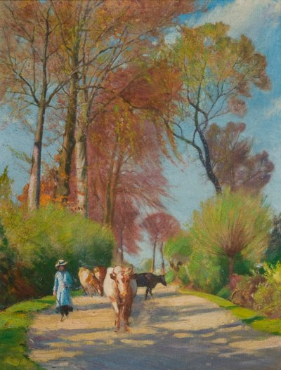 Country Lane med figur og ku (olje om bord) av John Everett