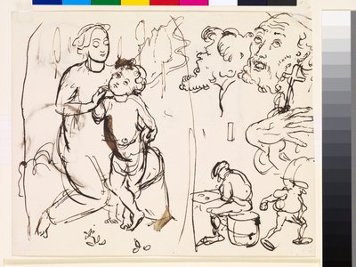 Studieark som karikerer den post-raphaeleske stilen, 1853 av John Everett Millais