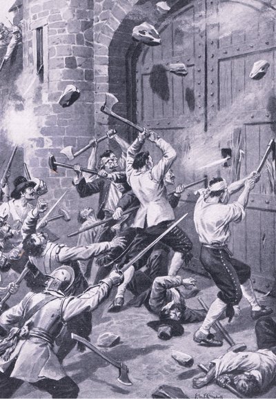 Plyndringen av Dundee 1. september 1651: Engelske sjømenn angriper Wellgate Port, illustrasjon fra 'British Battles on Land and Sea' av John F. Campbell