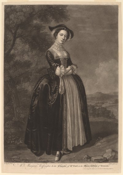 Mrs. Margaret Woffington i karakteren til Mrs. Ford i The Merry Wives of Windsor av John Faber II after Edward Haytley