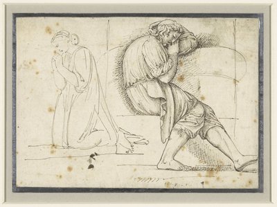 Studieark med en sovende ung mann og en knelende bedende kvinne av John Flaxman (II)