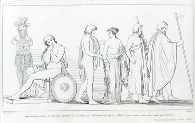 Agamemnon anklaget heralderne Taltibius og Euribat for bortføringen av Briseis; Achilles fikk den overlevert til deres hender av Patrocles. Tegning av John Flaxman (1755 - 1826). Homers Iliaden. Synger I av John Flaxman