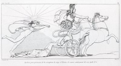 Apollo, solguden, for å bevare Hectors kropp dekker ham helt med hans gyldne aegis. Sang XXIV. Tegning av John Flaxman (1755 - 1826). Homers Iliaden. av John Flaxman