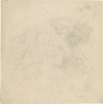 Figur sett bakfra ber til en tilsynekomst av et hode med løver under av John Flaxman