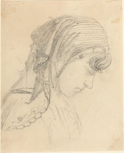 Hodet til en kvinne i et skjerf, ser ned av John Flaxman