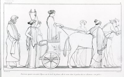 Nausicaa, som nettopp møtte Ulysses, tar ham med tilbake til farens palass, kong Alkinoos. Tegning av John Flaxman (1755 - 1826). Homer's Odyssey. Sang VI. av John Flaxman