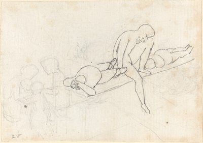 Sittende mann flankert av to liggende figurer; Samling av figurer i nedre venstre hjørne av John Flaxman