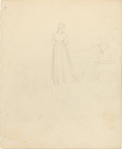 Stående kvinnefigur som ser på liggende og sittende figurer av John Flaxman