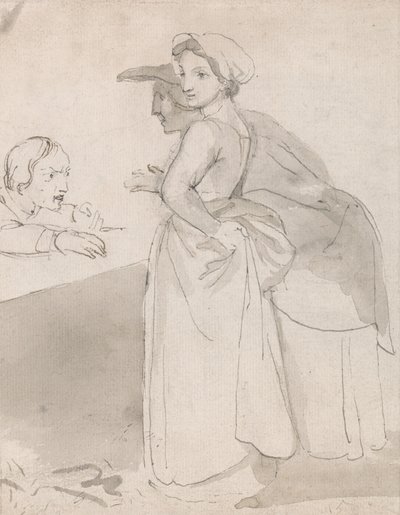 To kvinner snakker med en mann ved en skranke av John Flaxman