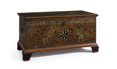 Dekorert teppeskrin laget for Barbara Stauffer, Rapho Township, Lancaster County, Pennsylvania, USA, 1799 av John Flory