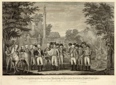 Britene overga sine våpen til general Washington etter deres nederlag i York Town i Virginia oktober 1781, pub. 1819 (gravering) av John Francis (after) Renault