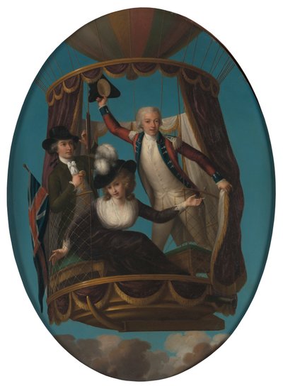 Kaptein Vincenzo Lunardi med sin assistent George Biggin, og fru Letitia Anne Sage, i en ballong av John Francis Rigaud
