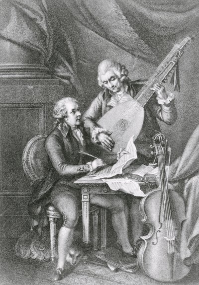 Portrett av Franz Joseph Haydn (1732-1809) og Wolfgang Amadeus Mozart (1756-91) som komponerer musikk for lut, gravert av Michele Benedetti (1745-1810) av John Francis Rigaud