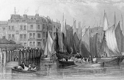 Billingsgate, illustrasjon i 'History of London: Illustrated by views of London and Westminster' av John Woods, gravert av John Woods, utgitt 1838 av John Francis Salmon