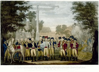 Britene overga sine våpen til general Washington etter deres nederlag ved York Town i Virginia oktober 1781, 1819 (håndfarget kobberstikk) av John Francis Renault