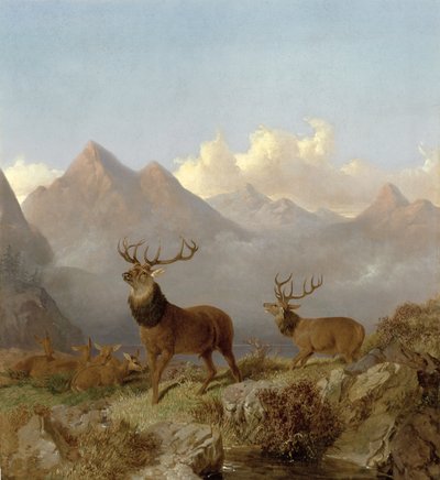Detalj av hjorter og hinds i et høylandslandskap, 1864 av John Frederick Herring Junior