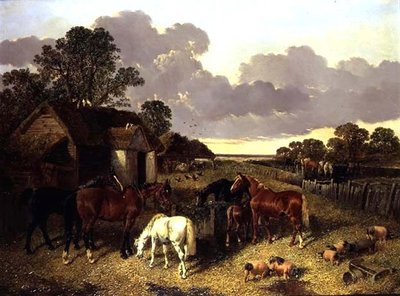 Hester, griser, fjærfe, and og storfe i en gårdsplass av John Frederick Herring Senior
