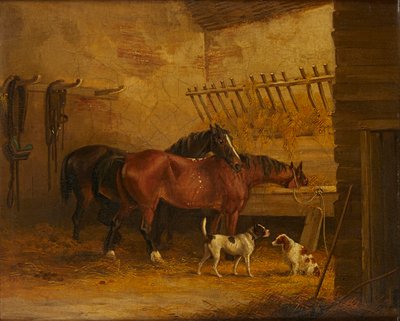 Hester og hunder i et stallinteriør (olje på lerret) av John Frederick Jr. (attr.to) Herring