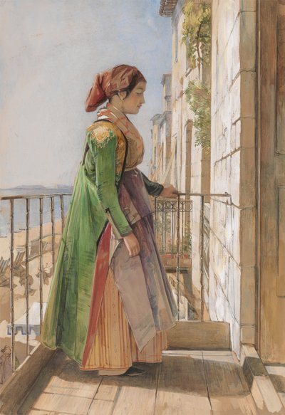 En gresk jente som står på en balkong av John Frederick Lewis
