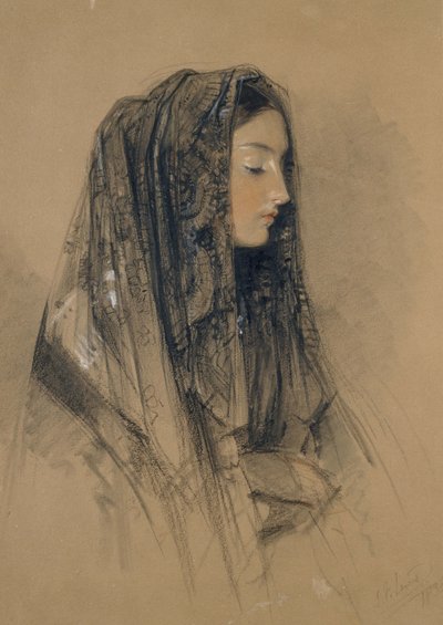 Hode for en italiensk jente i en mantilla, 1838 (rødt og svart kritt og indisk blekk med akvareller og kroppsfarger på buff bord) av John Frederick Lewis