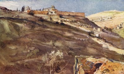 Jerusalem, sørmuren av tempelområdet, fra Hinnom-dalen, ved solnedgang av John Fulleylove
