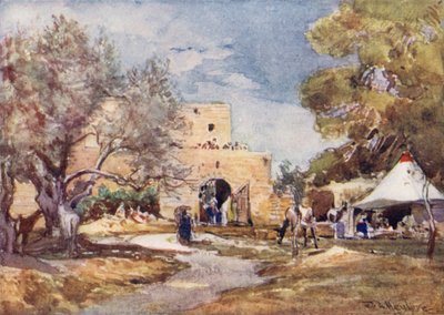 Middelalderbygning utenfor nordmuren i Jerusalem (farge litho) av John Fulleylove