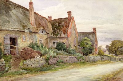 Hytte med stråtak med låve ved siden av, 1881 (wc og grafitt på papir) av John Fulleylove