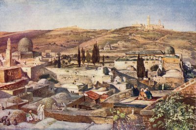 Tempelområdet og Oljeberget, fra Mount Sion (farge litho) av John Fulleylove