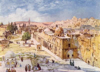 Vestsiden av tempelområdet, fra brakkene nær stedet for Tower of Antonia (farge litho) av John Fulleylove