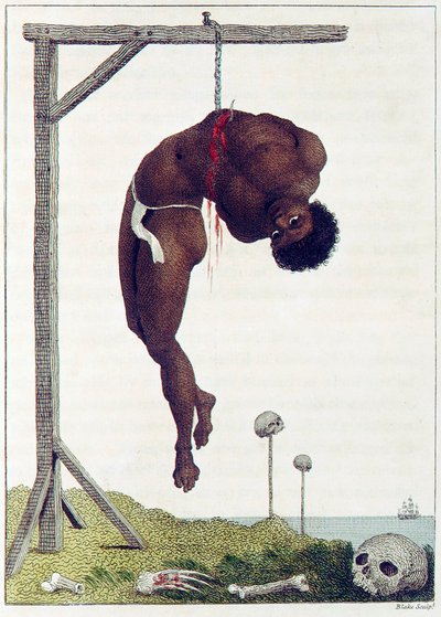 En svart person ble hengt levende ved Ribben til en Gallows, pub. 1796. av John Gabriel Stedman