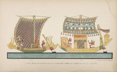 Båter med fargede seil, fra graven til Ramses III i Theben, illustrasjon fra "Manner and Customs of the old Egyptians...", 1837-41 av John Gardner Wilkinson