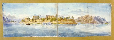 Øya Philae. Akvarell av John Gardner Wilkinson (1797–1875), britisk reisende og arkeolog, «den britiske egyptologiens far». Gammelt egyptisk tempelkompleks ved Nilen nær Aswan. av John Gardner Wilkinson