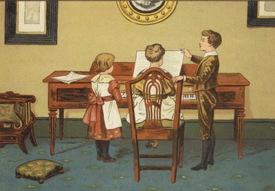 Barn som øver ved pianoet (farge litho) av John George (after) Sowerby