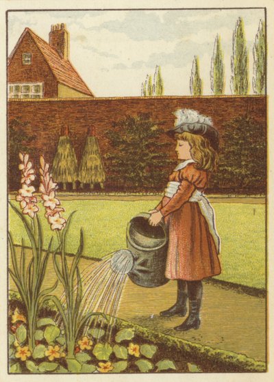 Jente som vanner hagen (farge litho) av John George (after) Sowerby
