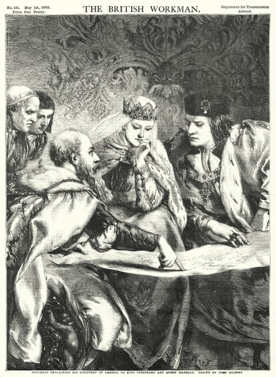 Columbus forklarer Discovery of America til kong Ferdinand og dronning Isabella (gravering) av John Gilbert