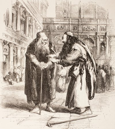 Illustrasjon for The Merchant of Venice, Shylock og Tubal møtes på gaten, Act III, Scene I, fra 