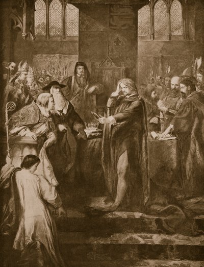 Kong Richard II gir fra seg kronen til sin fetter Bolingbroke, illustrasjon fra 