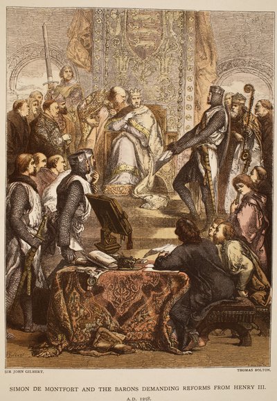 Simon de Montfort og baronene krever reformer fra Henry III, 1258, gravert av Thomas Bolton av John Gilbert
