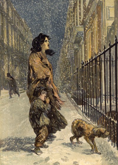 De hjemløse fattige, mor og barn med hund i snøen (chromolitho) av John Gilbert