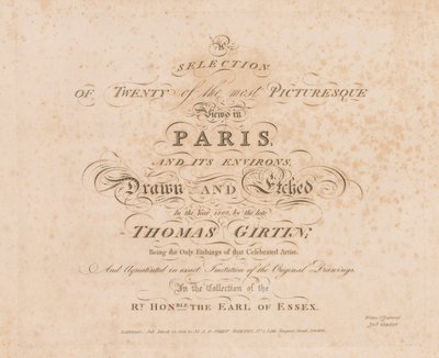 Et utvalg av tjue av de mest pittoreske utsiktene i Paris og omegn: Tittelside, 1803. av John Girtin