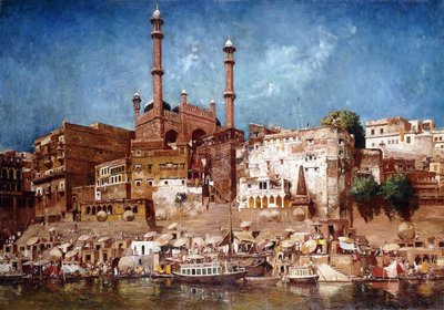 En utsikt over Ghats med Aurangzebs moske, Benares av John Gleich
