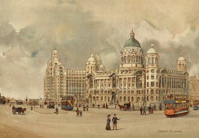 Liverpool: Offices of the Mersey Docks and Harbour Board, The Liver Building, etc, Approach to the Landing Stage (farge litho) av John Glynn