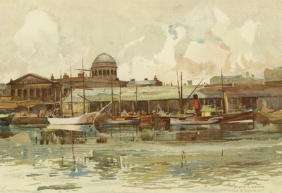 Liverpool: En del av Salthouse Dock, med Custom House (farge litho) av John Glynn