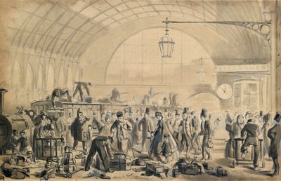 Julaften på Kings Cross Station, ca. 1870-90 (penn og vask på papir) av John Gordon Thomson