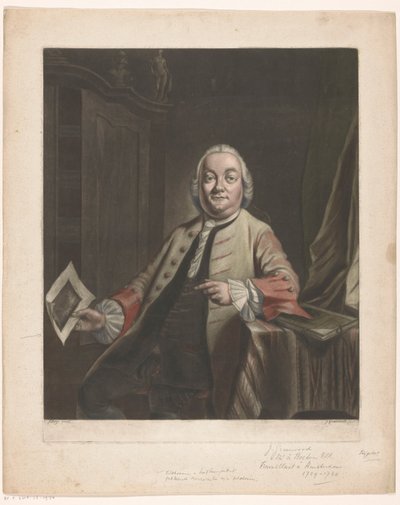 Portrett av Simon Fokke med i hånden avtrykket av plyndringen av huset til Gerrit Hagedooren, 1751 av John Greenwood
