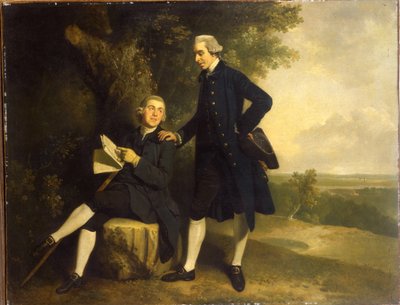 Dobbeltportrett av Thomas Somers Cocks og Richard Cocks fra Castleditch, begge små i full lengde, førstnevnte i en blå frakk og vest med en svart trehjørning, sistnevnte sitter i en blå frakk og vest med et manuskript, i et landskap, av John Hamilton Mortimer